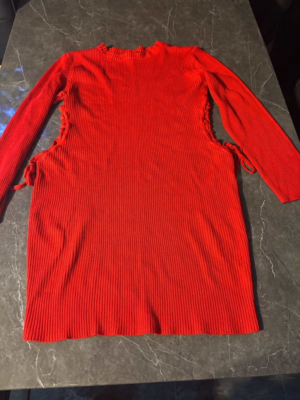 Red Side-Tie Ribbed Long Sleeve dress